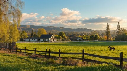 The horse ranch includes an old farmhouse and a fenced pasture. Stock.