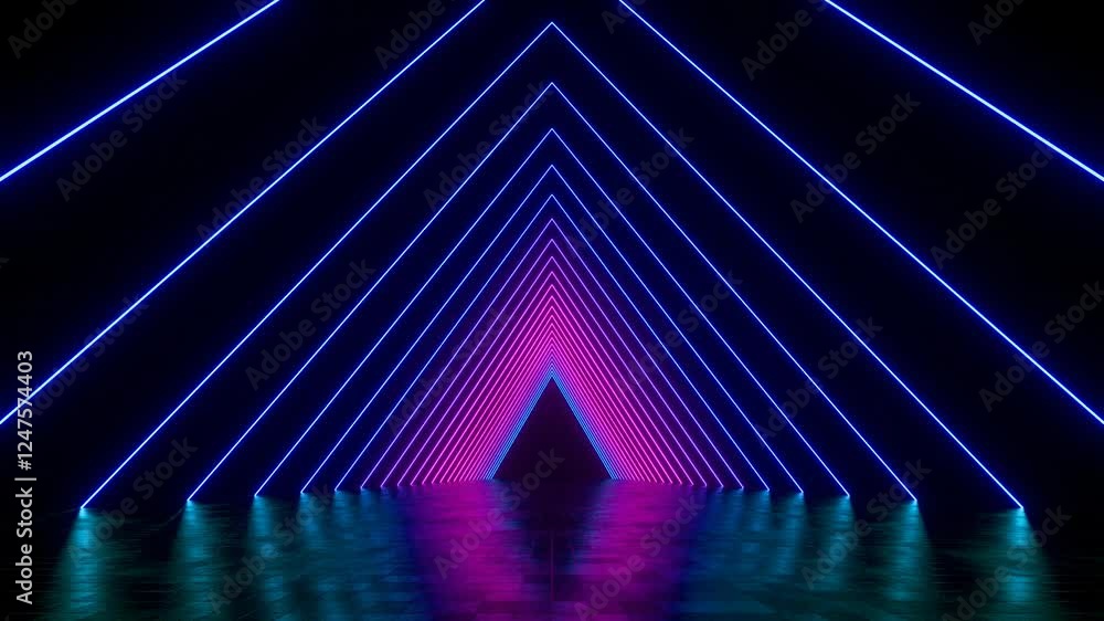 Poster 3d loop animation, abstract futuristic background with colorful glowing neon lights forming a tunnel