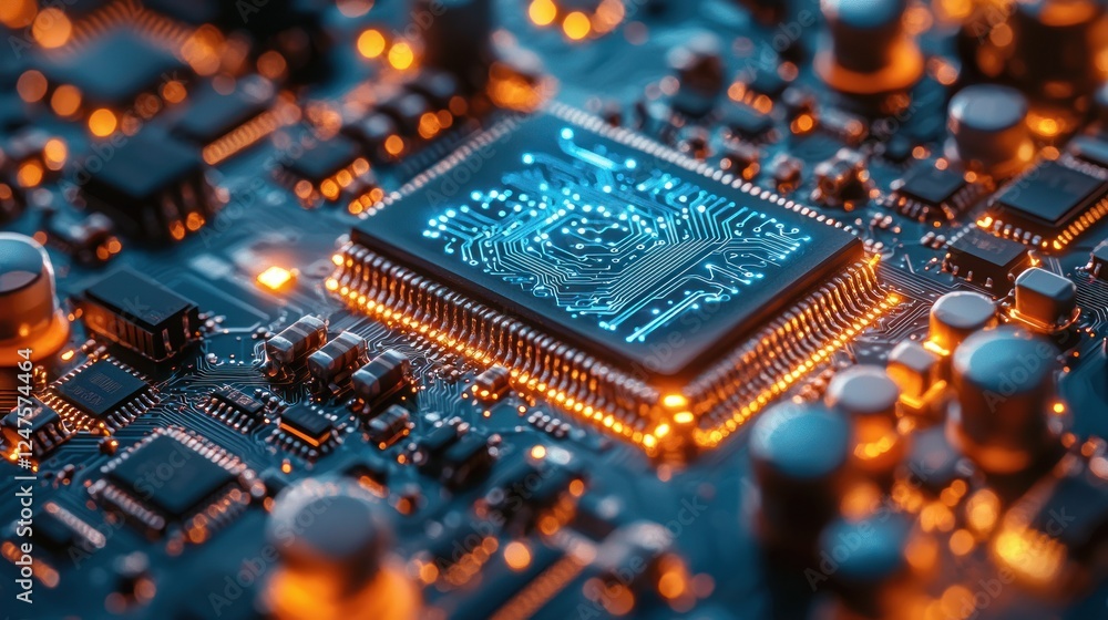Poster close-up glowing cpu on circuit board. tech background