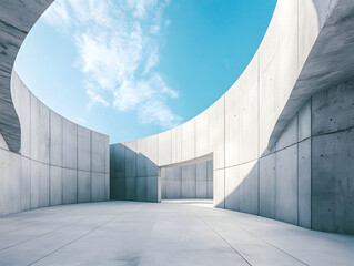 Modern Concrete Structure with Curved Architecture and Bright Blue Sky