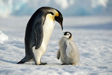 Wildlife extinction protection. National Wildlife Day. A heartwarming image of a penguin parent keeping its chick warm, celebrating National Wildlife Day.