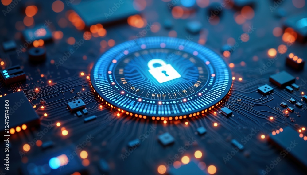 Poster advanced tech security system. futuristic circuit board with glowing network connectivity. secure da