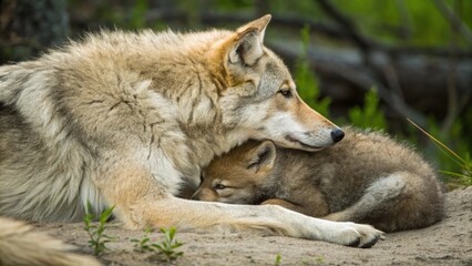 Fototapeta premium Wildlife extinction protection. National Wildlife Day. A wolf pup snuggles against its mother in a heartwarming scene, highlighting wildlife protection on National Wildlife Day.