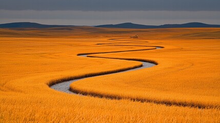 Fototapeta premium Golden Landscape with Winding River and Rolling Hills Under Cloudy Sky