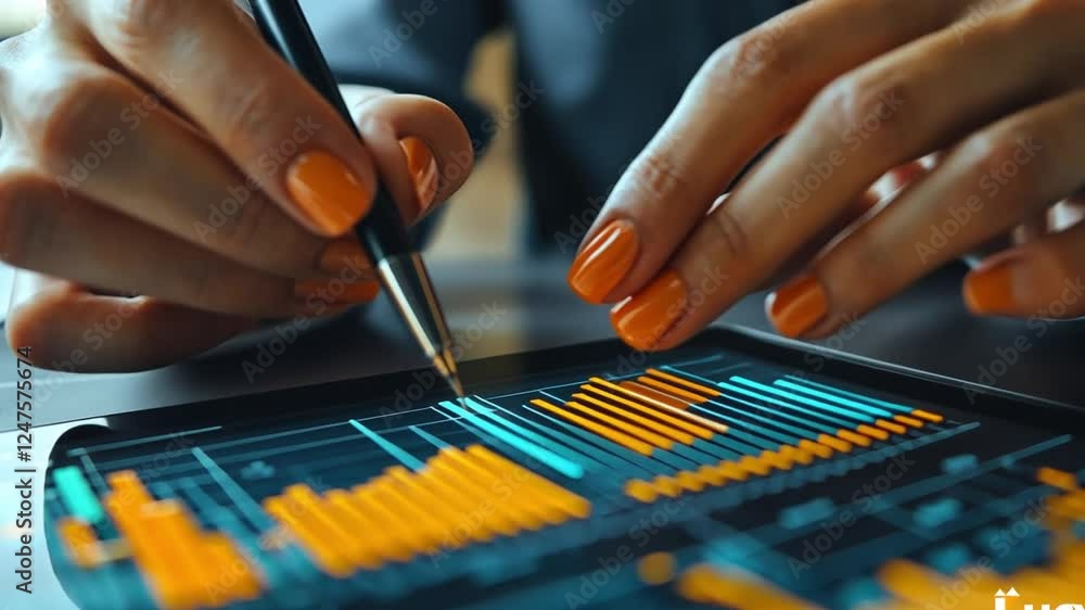 Poster navigating data: a close-up shot reveals the hands of a professional charting progress through data 
