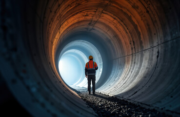 Worker inspects underground tunnel equipment. Male engineer in safety gear walks through dark tunnel. Light from end indicates progress. Construction project in confined space. Moment of innovation