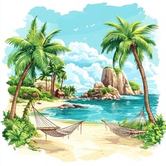 Idyllic tropical beach scene with palm trees, turquoise water, rocky outcrop, and hammocks on white sand.