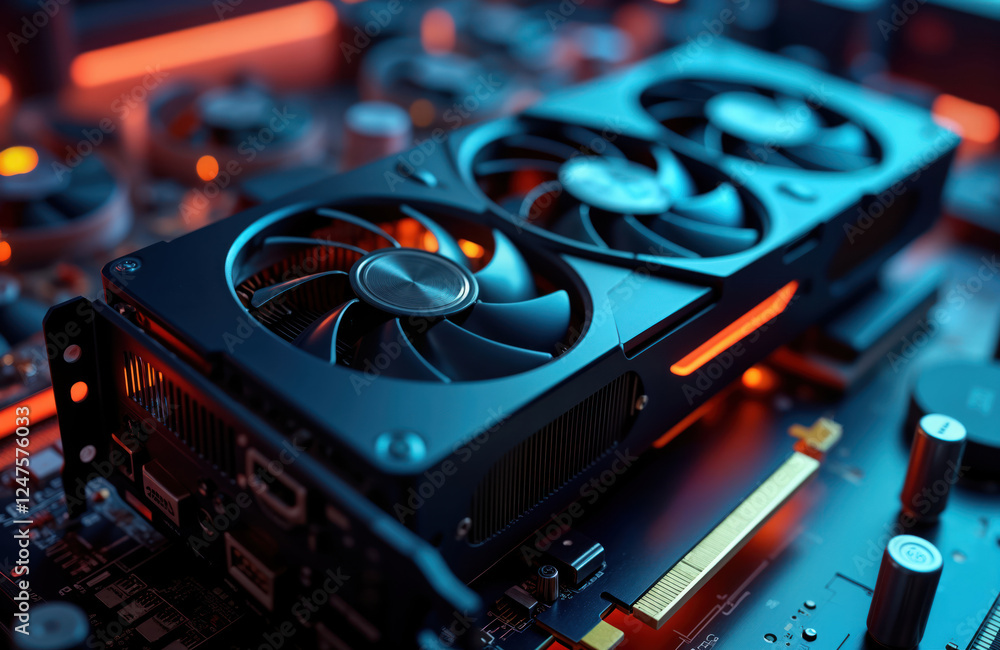 Poster high-performance graphics card for gaming, crypto mining. close-up view shows detailed cooling fans,