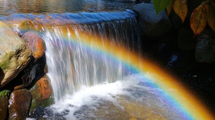 Colorful Rainbow Over Tranquil Waterfall in Natural Landscape Scene