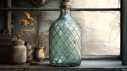 Close up of vintage glass bottle - obrazy, fototapety, plakaty