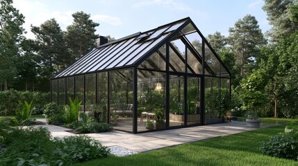Fototapeta premium The ranch house includes an innovative glass addition serving as a sunroom and plant conservatory, which beautifully connects indoor living with the outdoor setting.