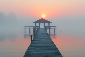 Peaceful sunset view of a wooden pier extending over a calm lake