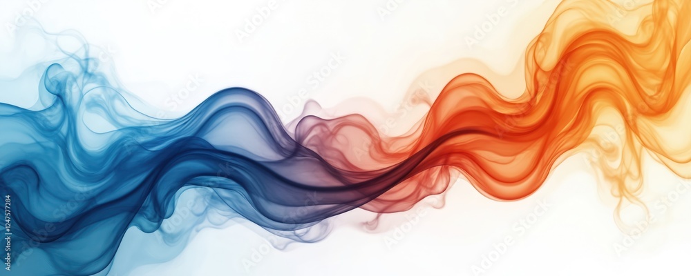 Poster abstract design featuring smooth blue, orange smoke waves against white background. colorful flowing