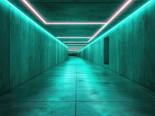 Illuminated Teal Concrete Tunnel with Geometric Neon Lighting Design