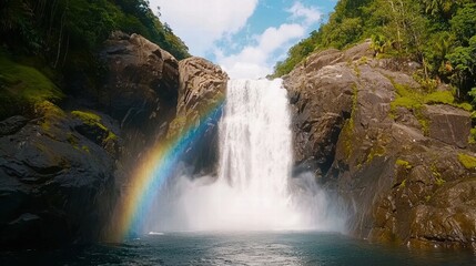 Majestic Waterfall Surrounded by Lush Greenery and Vibrant Rainbow