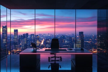 Luxury high-rise office with a breathtaking cityscape view at sunset.
