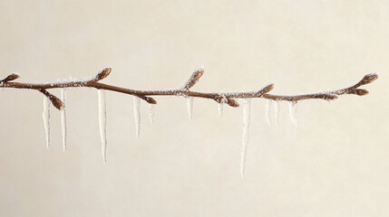 Bare tree branch covered in melting snow, depicting the seasonal transition from winter to spring
