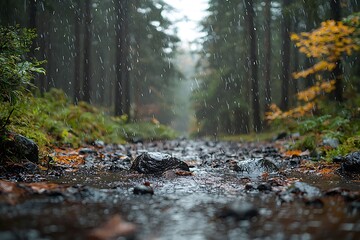 Intense hailstorm hitting a forest with ice pellets bouncing off the ground