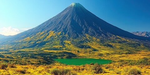 Obraz premium Majestic Volcano and Serene Lake Under Vibrant Blue Sky in Lush Green Landscape Ideal for Travel Adventure Nature Photography Volcanic Beauty Exploration