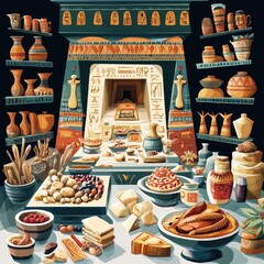 Ancient Egyptian tomb interior with offerings of food, pottery, and artifacts.