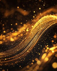 Golden Waves of Light with Sparkling Particles in Dark Background