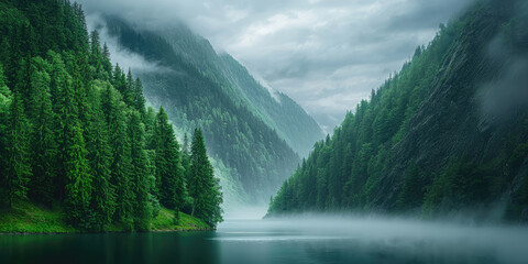 Naklejka premium Picturesque tranquil landscape with lake, mountains, spruce trees and misty haze