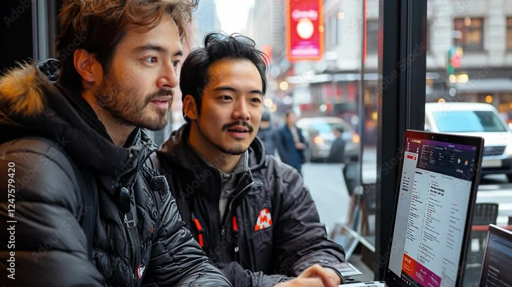 Poster collaborative focus: two young men, one with a beard, deep in conversation while intently reviewing 
