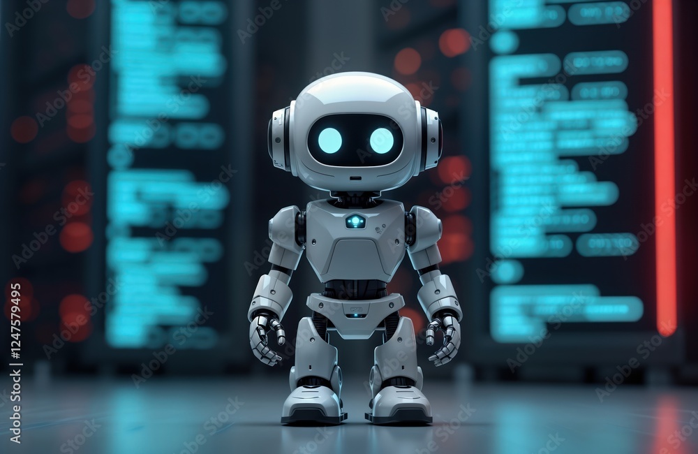 Poster cute robot stands in tech room. modern tech futuristic design. background shows computer code, serve