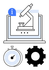Microscope displayed on a laptop screen, stopwatch, and gear emphasize science, analysis, and workflow optimization. Ideal for education, research tools, precision timing, innovation technology