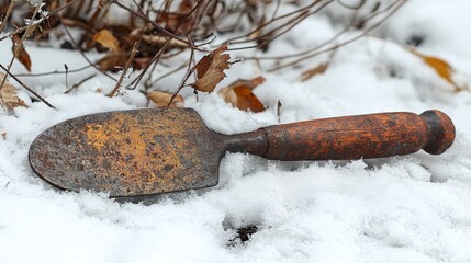 Fototapeta premium A rusty gardening trowel resting on snow among dried leaves.