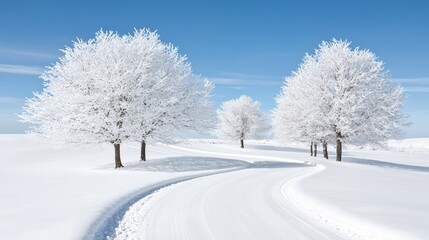 Obraz premium Snowy road winding through frosty trees. Winter landscape, idyllic scene