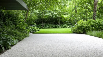 Lush garden, gravel path, house overhang, summer