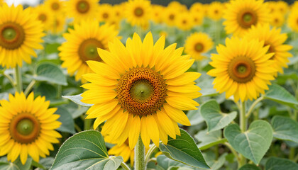Fototapeta premium Sunflower blooming in a field of bright yellow flowers