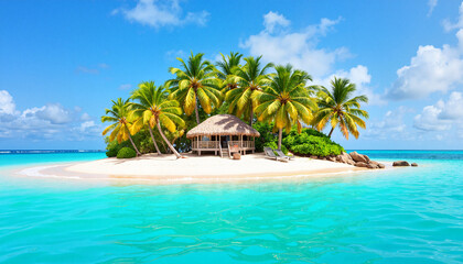 Tropical island with palm trees and beach hut under blue sky