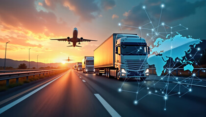 Highway scene shows trucks, planes moving. Global logistic tech network connects. International freight transport in action. Modern transportation, logistics concept integrated with digital