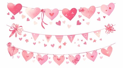 Festive bunting and garland set on white background, featuring cute party flags and holiday decorations, perfect for Valentine's Day, celebrations, and cheerful event themes.