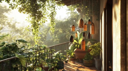 Naklejka premium The greenery and light and shadow on the balcony in the early morning