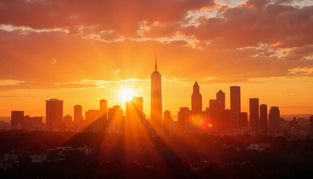Sunset over city skyline with ray of light