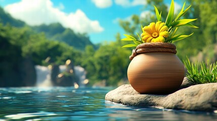 Flower Pot on Rock by Serene River Under Bright Blue Sky