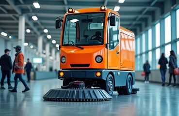 Orange automatic floor cleaning vehicle cleans airport factory concourse. People walk in background. Bright indoor lighting. Efficient cleaning tech. Modern service vehicle for large spaces.