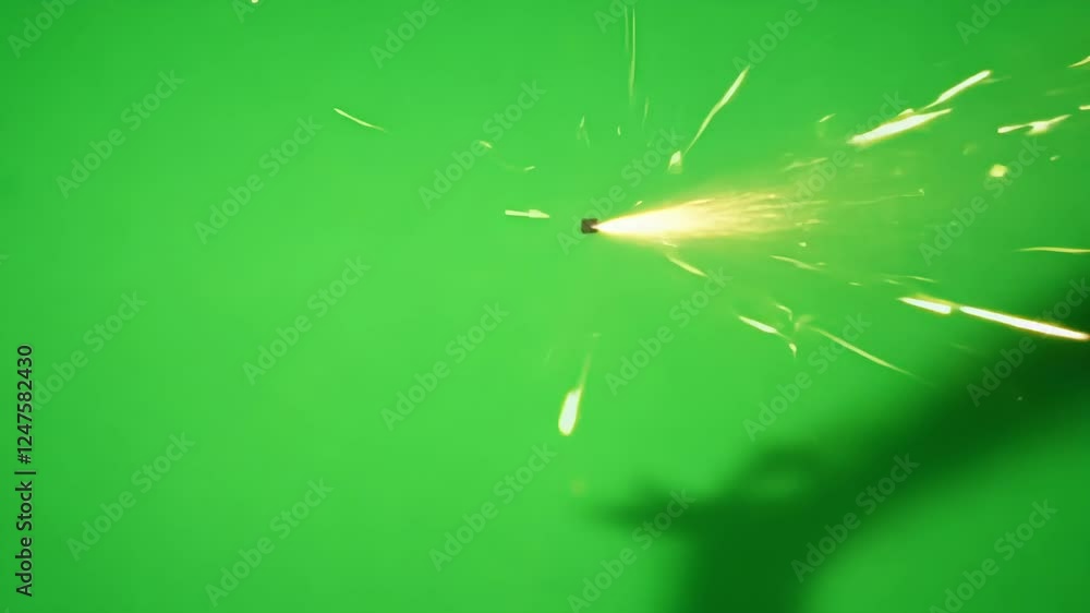 Poster spark flashes flickering and rotating casting playful shadows on the vivid green surface behind them