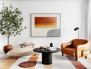Modern Interior Design, Featuring Cozy Sofa And Stylish Table, With Artistic Wall Decor And Elegant Furniture In Bright