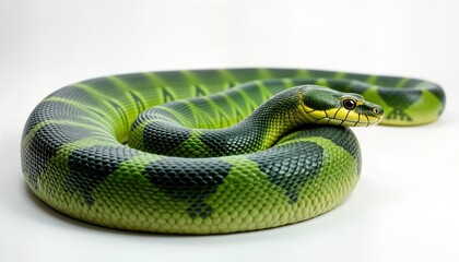 Fototapeta premium Green anaconda reptile coiled on white background. Snake distinctive green, dark green pattern. Wildlife photo features constrictor snake. Animal isolated for nature, zoology projects. Exotic wild