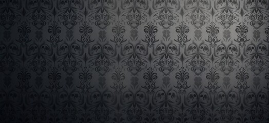 Dark grey damask pattern wallpaper cover background. Vintage gothic design with intricate floral ornaments. Elegant classic style. Luxurious rich look. Timeless design. Ideal for design projects