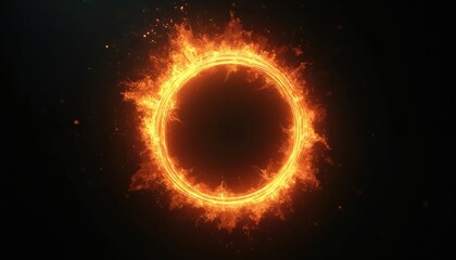 Fototapeta premium Fiery ring spins on black background. Glowing circle of flames. Image shows energy aura luminous circle. Visual design suitable for creative content. Image captures dynamic energy, glowing fire.