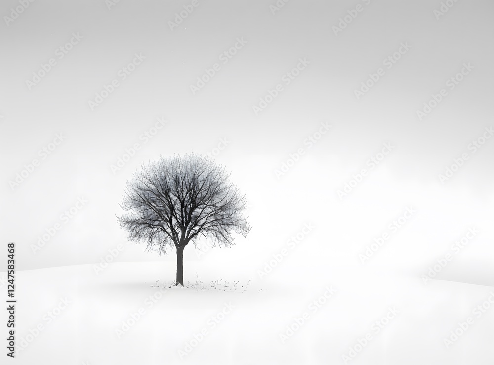 Poster lonely tree in a snowy landscape with soft white background and gentle atmosphere