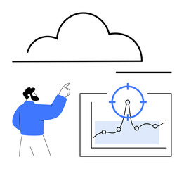 Person in blue analyzing graph with focus on trends and target marker under cloud sync. Ideal for data analysis, cloud computing, business strategy, data-driven insights, productivity, tech