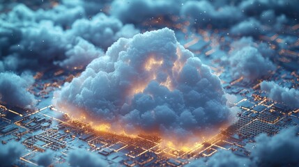 Cloud computing, server farm, data center, night, glowing, digital technology