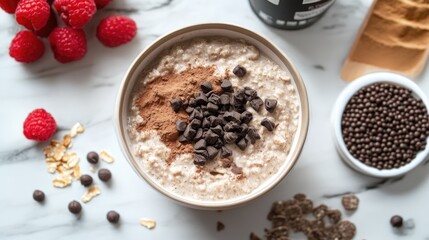 Delicious Oatmeal Bowl with Raspberries, Chocolate Chips and Protein Powder