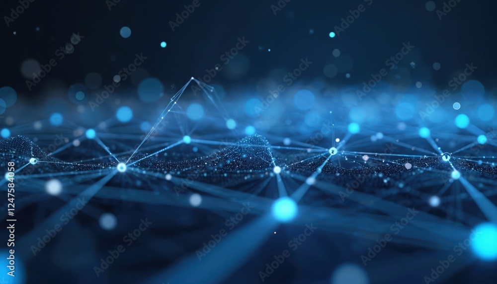 Poster abstract network design shows tech security system. digital data flowing in network. polygons, lines